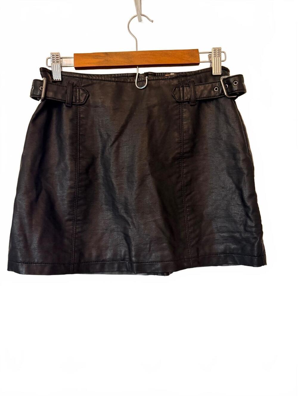 Free People Black Vegan Leather Mini Skirt Belted Size 4 Moto Boho